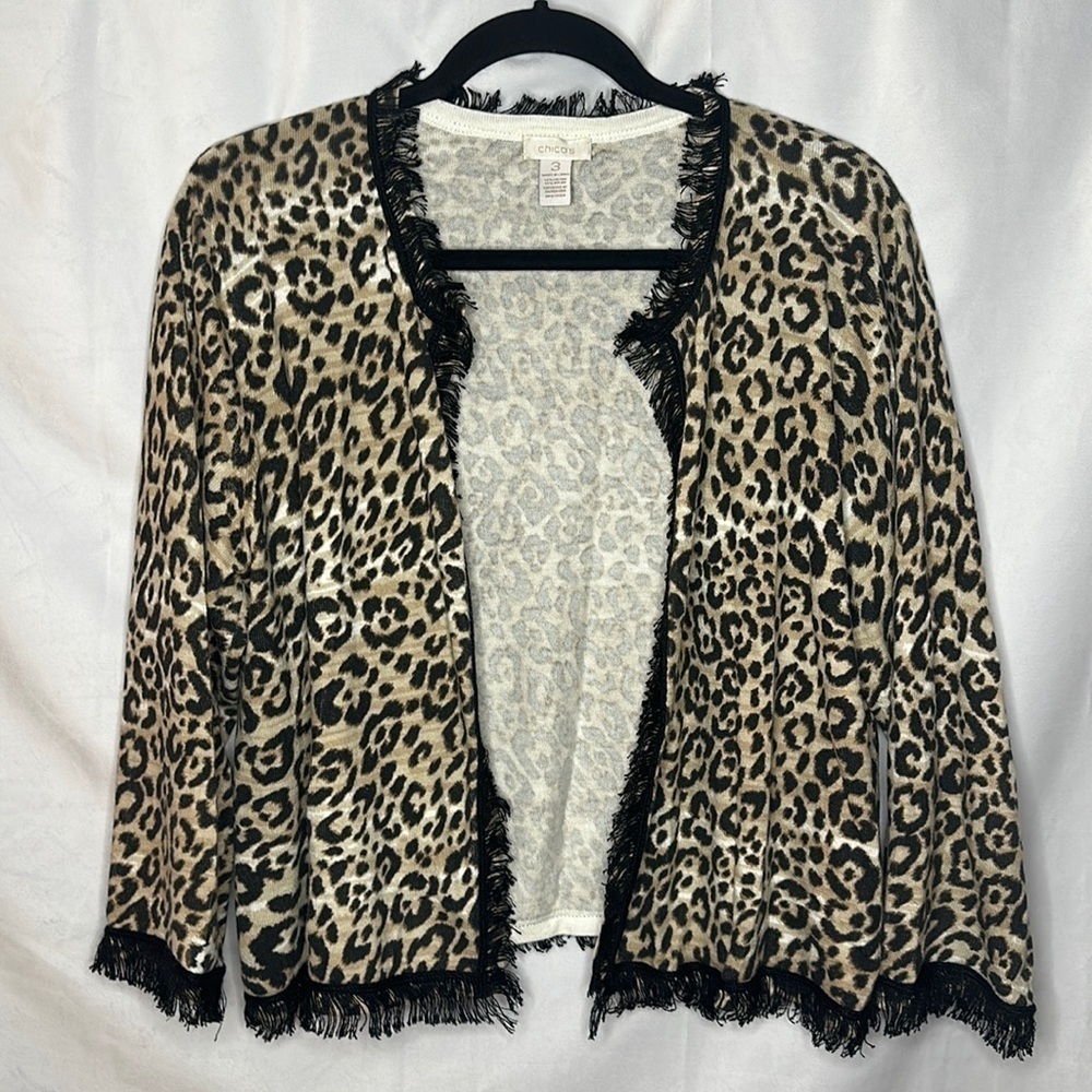 CHICOS CHEETAH PRINT FRINGE SWEATER (X-Large )